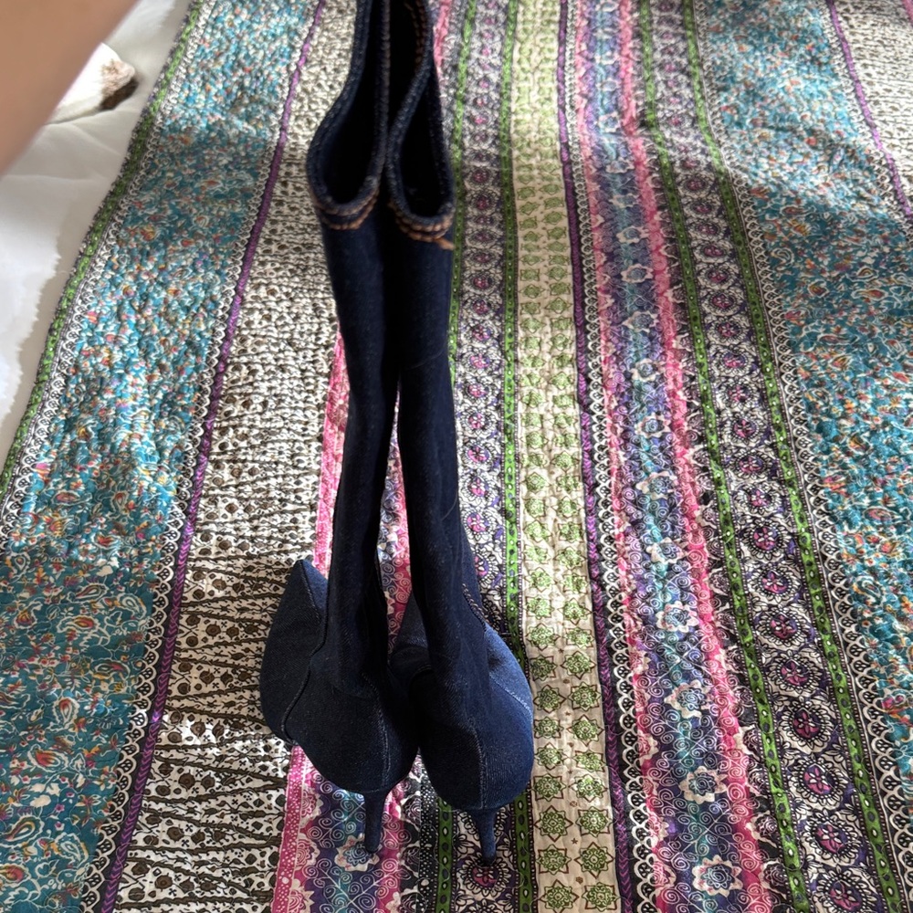 Zara Navy Denim Knee High Stiletto Boots - Picture 6 of 6